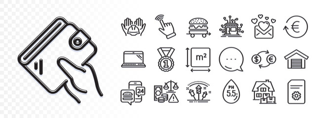 Wallet, Laptop and Fraud line icons for web app. Glare of light effect. Message icon. Pack of Parking garage, Cursor, Currency exchange pictogram icons. Vector