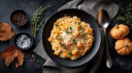 Fall & Autumn : A delicious bowl of risotto with herbs and seasonal decor.