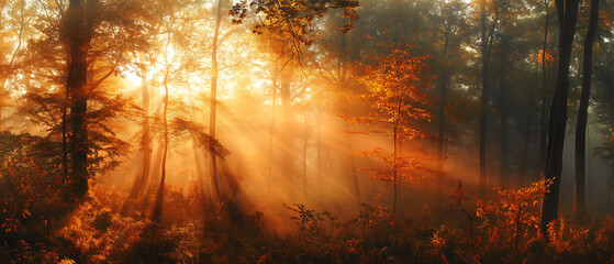 award-winning nature photography, panoramic view of a misty autumn forest at golden hour, the backlight of the setting sun creating a glowing halo around every leaf and branch,