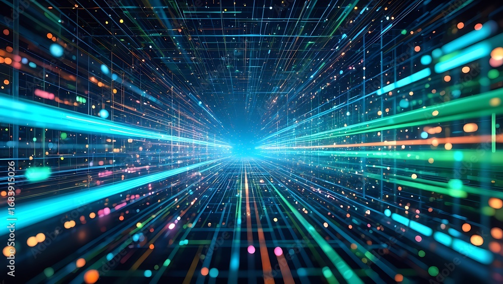 Poster abstract digital futuristic network data flow visualization background with light streaks