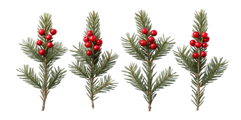 Four sprigs of red berries and green foliage isolated on transparent background