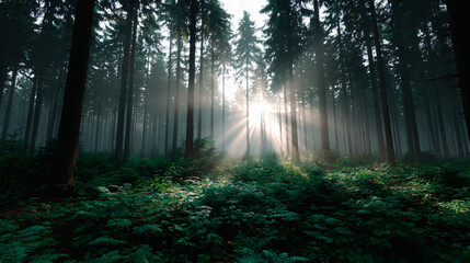 Fototapeta premium Sun Rays in Green Forest