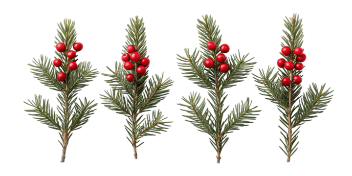Four sprigs of red berries and green foliage isolated on transparent background