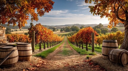 Naklejka premium Fall & Autumn : Vineyard pathway with barrels and autumn foliage under a clear sky.