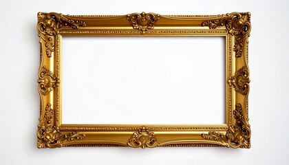 Empty ornate gold picture frame with floral and scroll motifs on a plain white wall