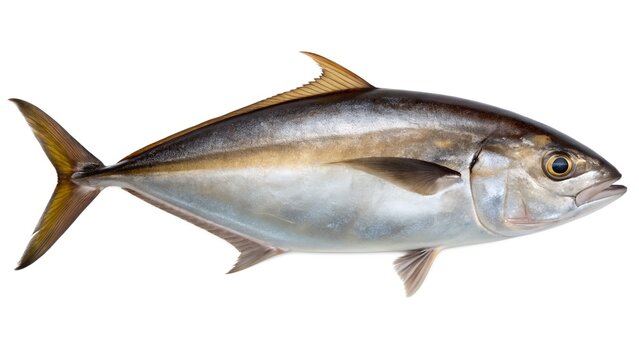 A stunning studio shot of a Japanese amberjack fish, isolated against a clean white backdrop.
