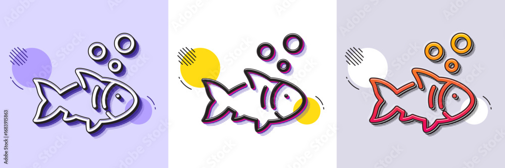 Poster fish line icon. halftone dotted pattern. gradient icon with grain shadow. fishing catch sign. fresh 
