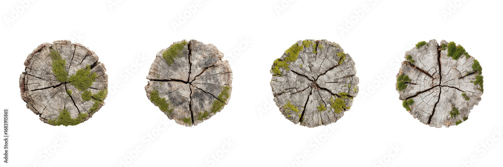 Poster tree trunk cross-sections with moss set. natural texture and growth patterns collection isolated on 