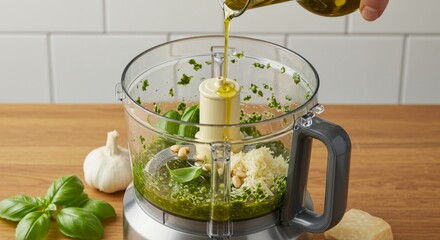 Making Pesto: Olive Oil Poured into Food Processor with Basil, Garlic, and Cheese