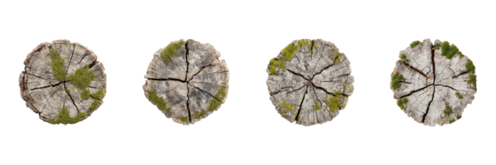Tree Trunk Cross-Sections With Moss Set. Natural Texture And Growth Patterns Collection Isolated On Transparent Background