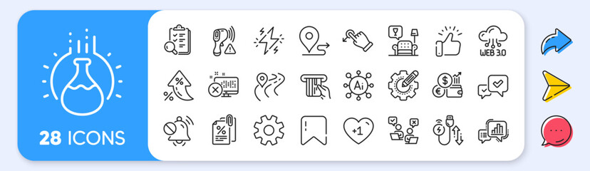 Web3, Mute sound and Chemistry experiment line icons. Interest rate, AI generate, Inflation icons. Pack of Approve, Online voting, Lounge icon. Tax documents, Credit card, Road pictogram. Vector
