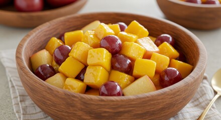 Closeup of a Refreshing Fruit Salad with Mango, Grapes and Apple in Wooden Bowl