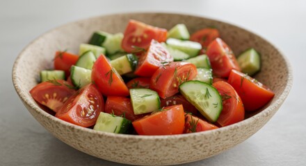 Fresh Tomato and Cucumber Salad in a Brown Bowl