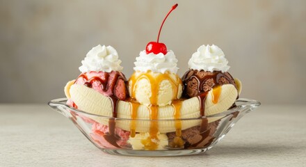 Classic Banana Split Dessert with Ice Cream and Toppings