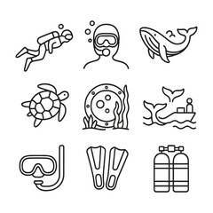 A series of black and white images of people and sea creatures, including a man in a wetsuit, a turtle, a whale, and a boat