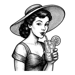 A woman in a hat is drinking a glass of lemonade. The drink is cold and refreshing, and the woman is enjoying it. The image has a vintage feel to it, with the woman wearing a dress and hat