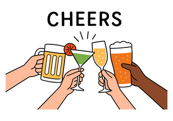 A group of people are holding glasses of different drinks, including a martini, and the words "Cheers" are written in the top right corner