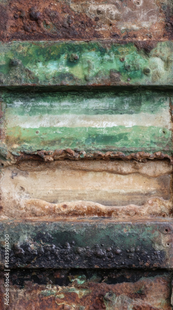 Poster layers of a weathered metal surface display unique textures and colors, showcasing signs of corrosio