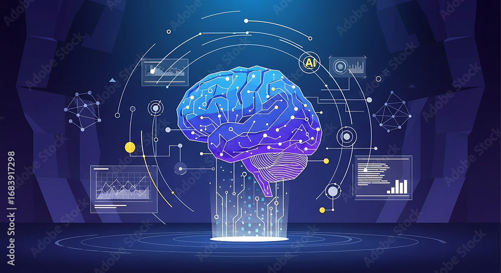 Poster stylized brain illustration with ai symbol and data graphs on a futuristic blue background ai genera
