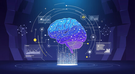 Stylized brain illustration with ai symbol and data graphs on a futuristic blue background ai generated