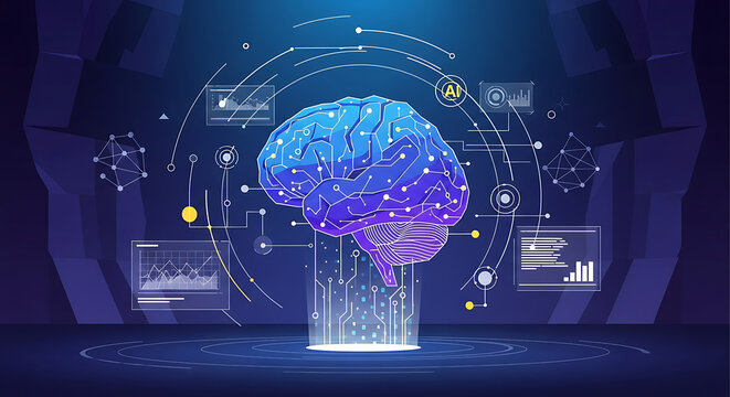 Stylized brain illustration with ai symbol and data graphs on a futuristic blue background ai generated