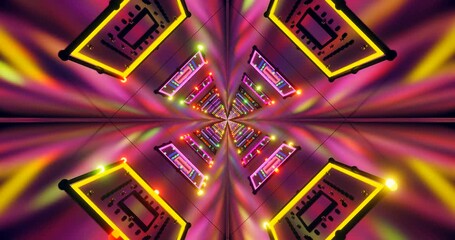 Abstract digital tunnel with symmetrical neon panels in purple, orange, and pink - Powered by Adobe