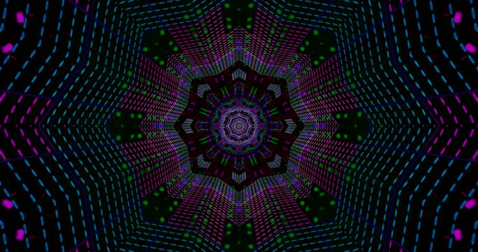 Abstract symmetrical design with glowing green, pink, and purple lights forming a geometric mandala