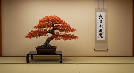 Japanese Maple Bonsai Display: A stunning, meticulously cultivated Japanese maple bonsai tree, adorned with vibrant red leaves, takes center stage in a serene Japanese room.