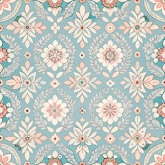 Soft Pastel Seamless Jamdani-Inspired Pattern with Minimal Floral and Diamond Shapes, Boho Chic Style