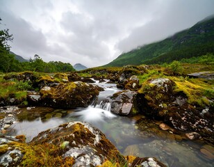Mountain stream cascading over rocks in a misty valley