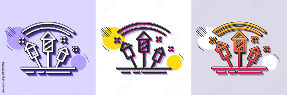Poster fireworks rocket line icon. halftone dotted pattern. gradient icon with grain shadow. pyrotechnic sa
