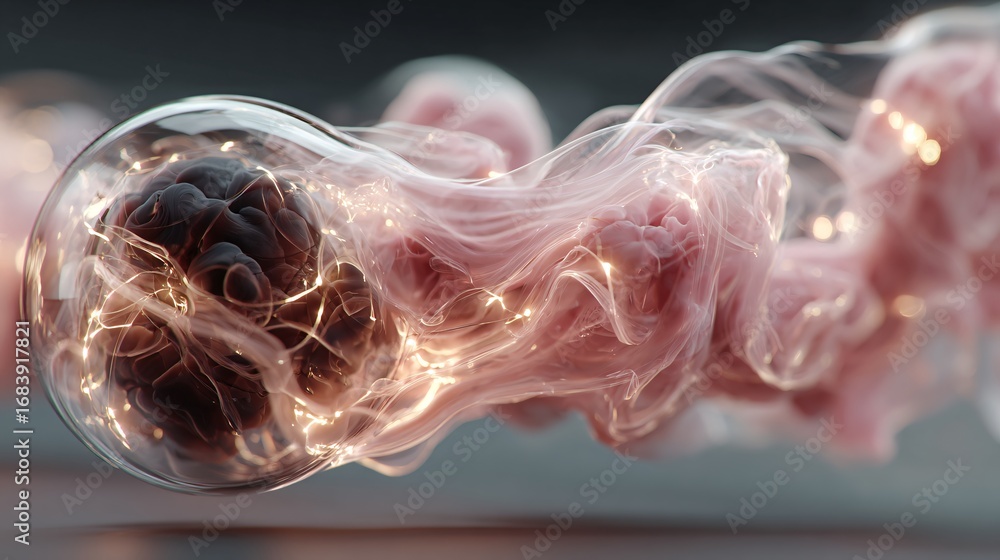 Poster abstract visualization of a glowing light bulb containing swirling pink smoke and intricate internal