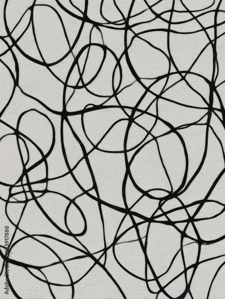 Poster intertwined black lines create a complex abstract pattern against a light textured background, showc
