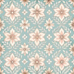 Fototapeta premium Soft Pastel Seamless Jamdani-Inspired Pattern with Minimal Floral and Diamond Shapes, Boho Chic Style