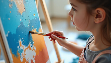 Young girl painting canvas with vibrant colors in art class. Art class learning involves color mixing and artistic creation with paint brush and easel. Back to art class and creative expression,