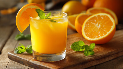 Fototapeta premium Fresh orange juice served in a clear glass with an orange slice and mint garnish on a rustic wooden background.