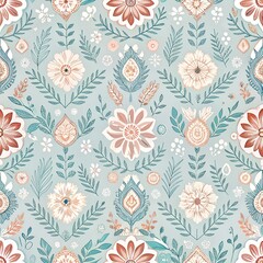 Soft Pastel Seamless Jamdani-Inspired Pattern with Minimal Floral and Diamond Shapes, Boho Chic Style