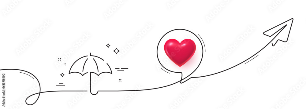 Poster umbrella line icon. continuous line with share plane. rain defence sign. safe insurance symbol. 3d h