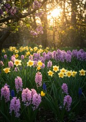 Vibrant Spring Garden with Purple Hyacinths and Yellow Daffodils at Sunrise