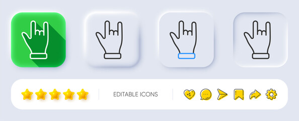Horns hand line icon. Neumorphic, Flat shadow, 3d buttons. Two fingers palm sign. Gesture symbol. Line horns hand icon. Social media icons. Vector