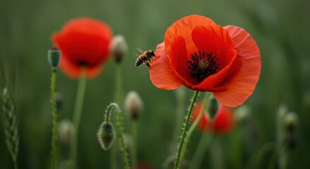 Closeup of Bee on Red Poppy Flower in Green Field