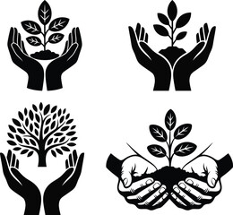 Set of eco tree icons in black with hands holding plants. symbolizing care. safe. growth and environmental protection