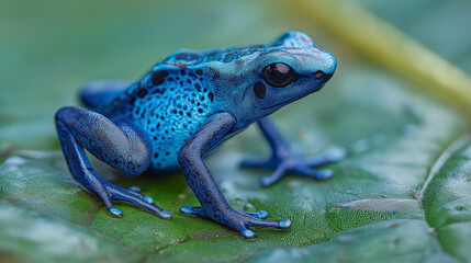 Obraz premium A vibrant blue poison dart frog resting on a lush green leaf, showcasing its striking colors and exotic beauty. 