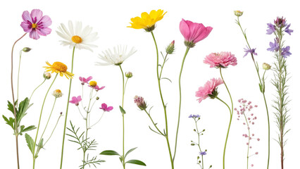Obraz premium Collection of colorful wildflowers and delicate blossoms isolated on transparent background