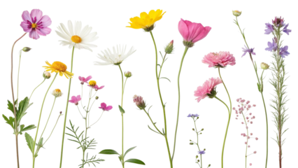 Collection of colorful wildflowers and delicate blossoms isolated on transparent background