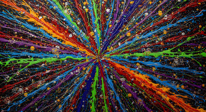 Abstract splatter painting style, representing the unpredictable nature of quantum mechanics, with bursts of vibrant colors and intricate patterns _2