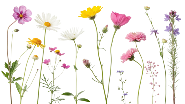 Collection of colorful wildflowers and delicate blossoms isolated on transparent background