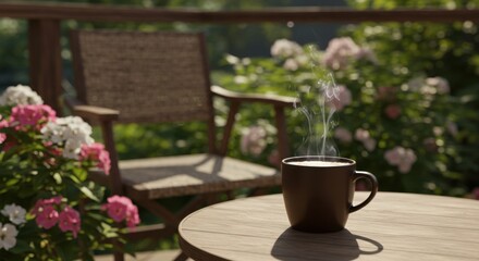 Dark Mug of Hot Drink Steaming on Wooden Table Outdoors