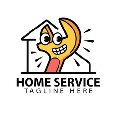 Vector art of funny cartoon wrench character with a smiling face and googly eyes, peeking out of a house outline, representing home service, repair, and maintenance
