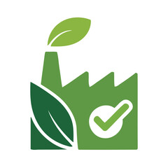 Vector art of green factory icon with a chimney resembling a plant stalk and leaves, symbolizing ecofriendly industry, green production, and environmental responsibility
